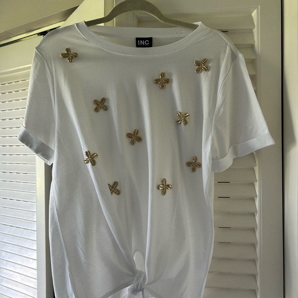 INC International Concepts White Tee with Gold Embellishments